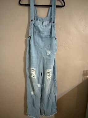 Light Blue Distressed Women's Denim Overalls